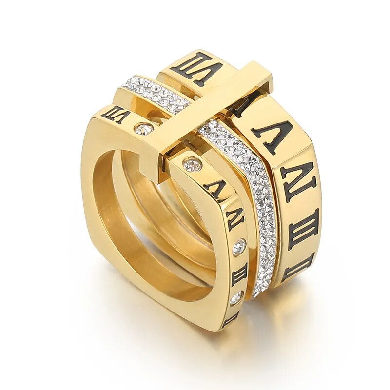 Anel Triplo Momentos Quadrado Banhado Em Ouro 18k