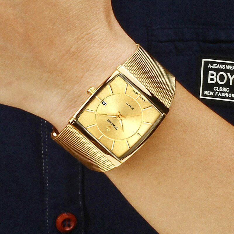 Relógio Unique com Pulseira de Malha Banhado a ouro 18k